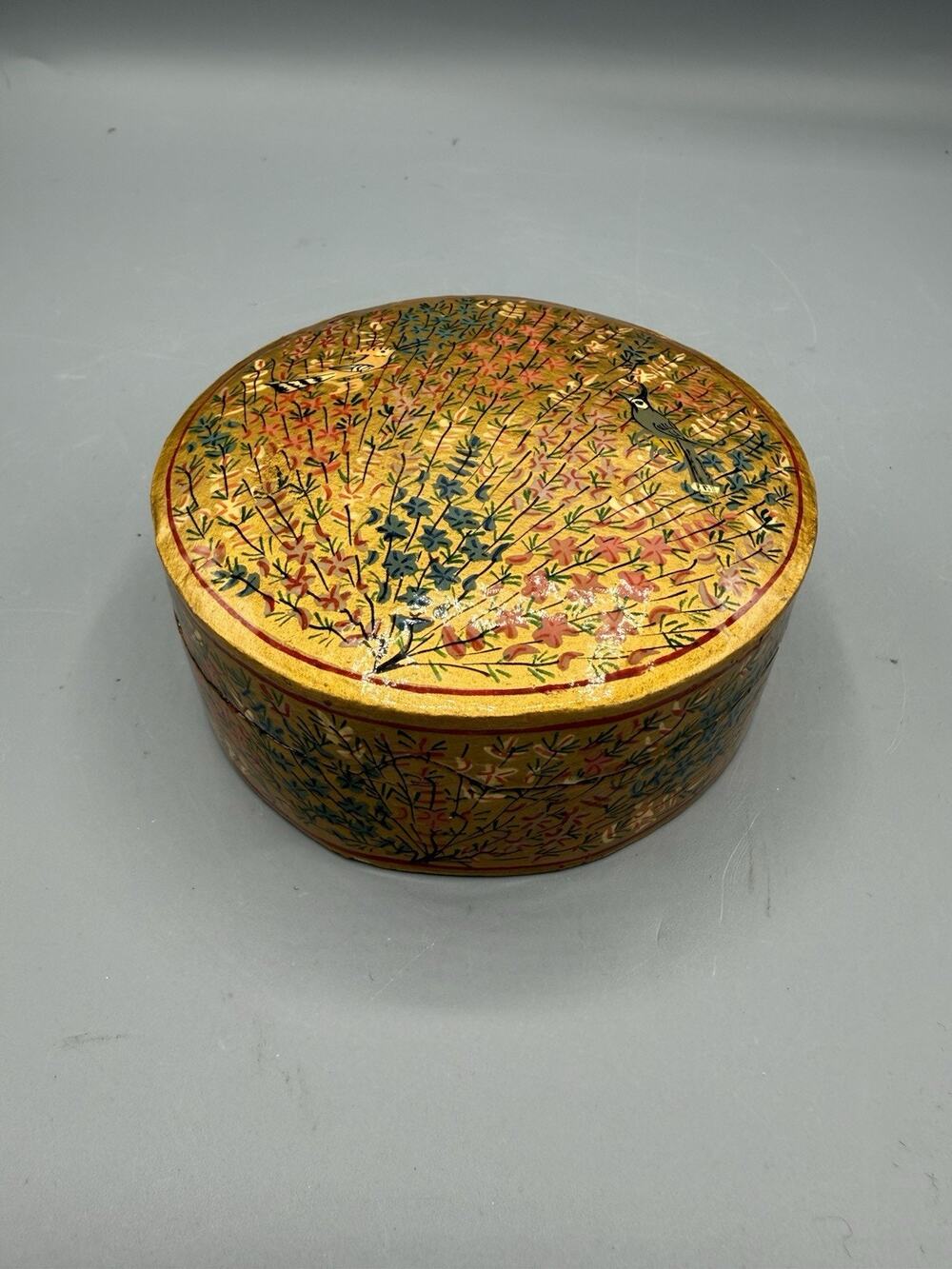 Hand Painted Floral Bird Trinket Box Gold Round Papier Mache Kashmir Style